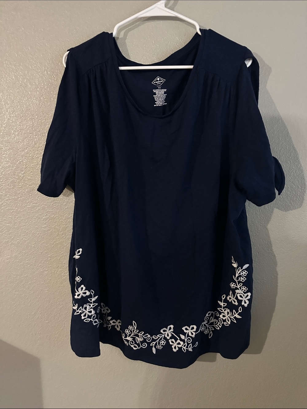 St. John's Bay Navy Scoop Neck Top with White Floral Embroidery